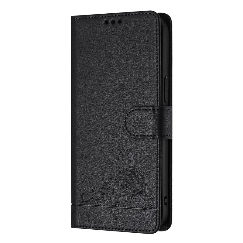 For iPhone 13 / 14 Case with Strap RFID Blocking Leather Wallet Phone Cover Cat Mouse Pattern - Black