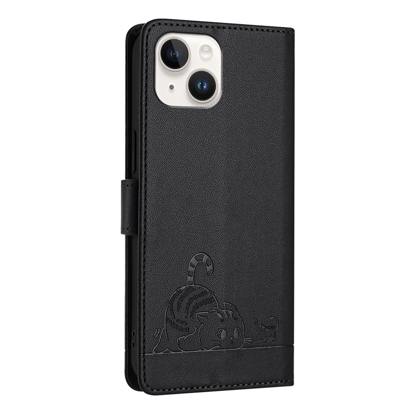 For iPhone 13 / 14 Case with Strap RFID Blocking Leather Wallet Phone Cover Cat Mouse Pattern - Black