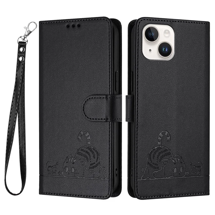 For iPhone 15 Case with Strap RFID Blocking Leather Wallet Phone Cover Cat Mouse Pattern - Black