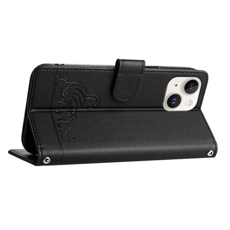 For iPhone 15 Case with Strap RFID Blocking Leather Wallet Phone Cover Cat Mouse Pattern - Black