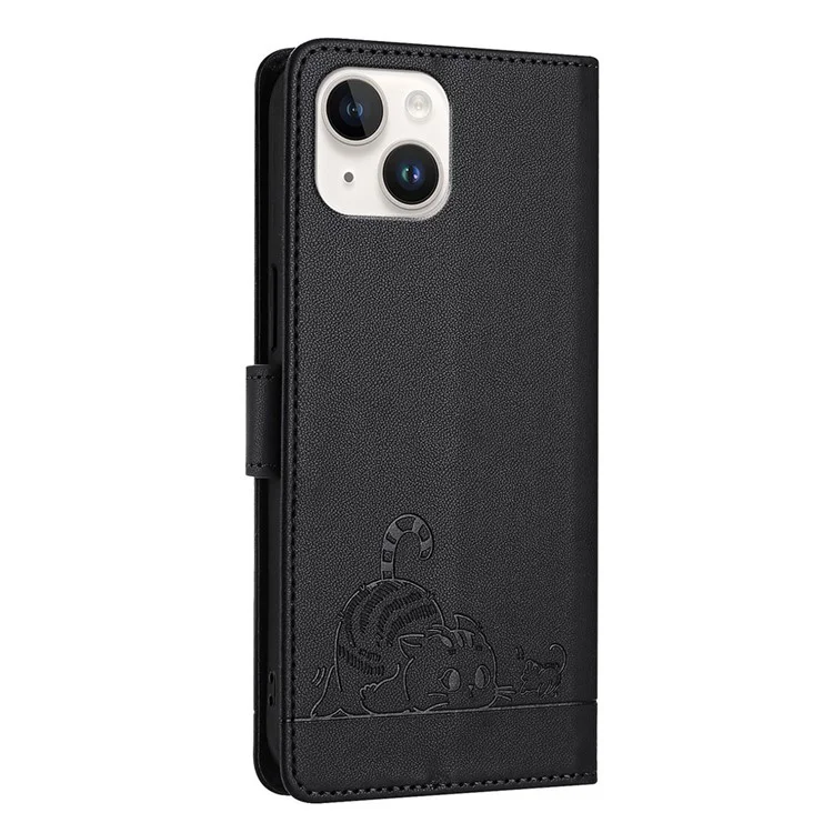 For iPhone 15 Case with Strap RFID Blocking Leather Wallet Phone Cover Cat Mouse Pattern - Black