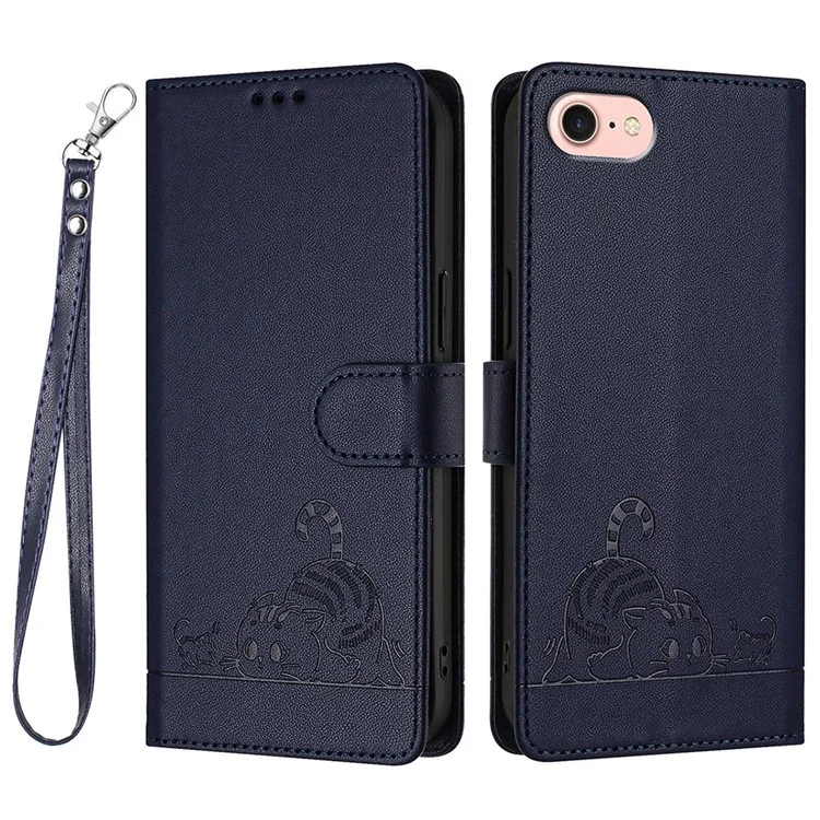 For iPhone SE (2020) / (2022) / 7 / 8 Case with Strap RFID Blocking Leather Wallet Phone Cover Cat Mouse Pattern - Sapphire