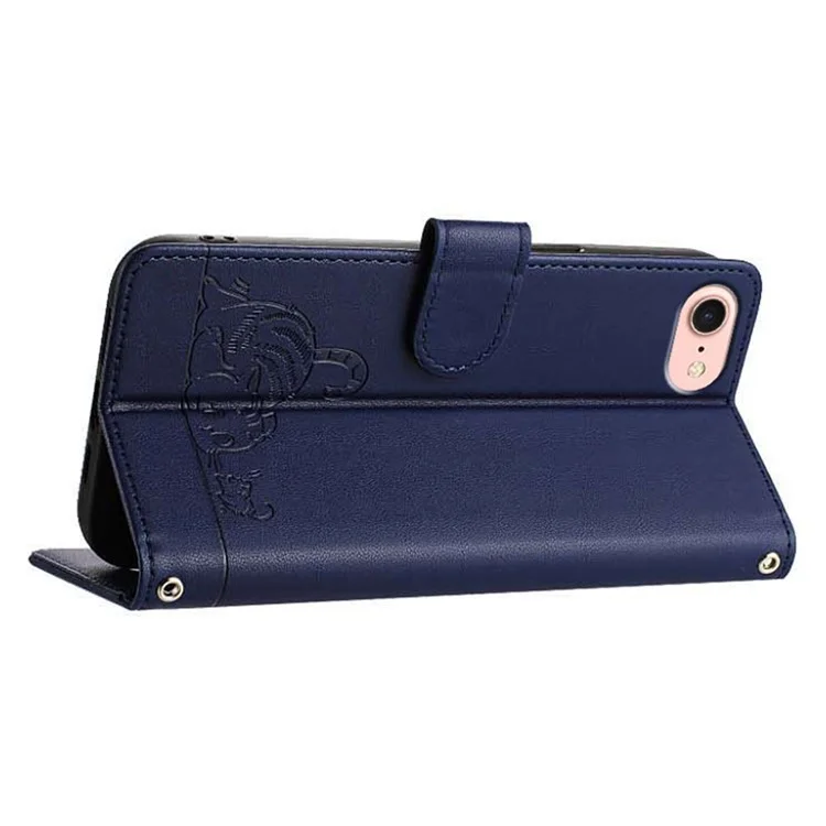 For iPhone SE (2020) / (2022) / 7 / 8 Case with Strap RFID Blocking Leather Wallet Phone Cover Cat Mouse Pattern - Sapphire