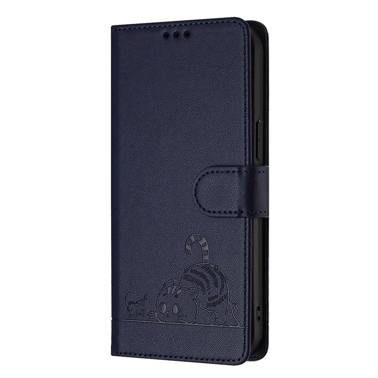 For iPhone SE (2020) / (2022) / 7 / 8 Case with Strap RFID Blocking Leather Wallet Phone Cover Cat Mouse Pattern - Sapphire