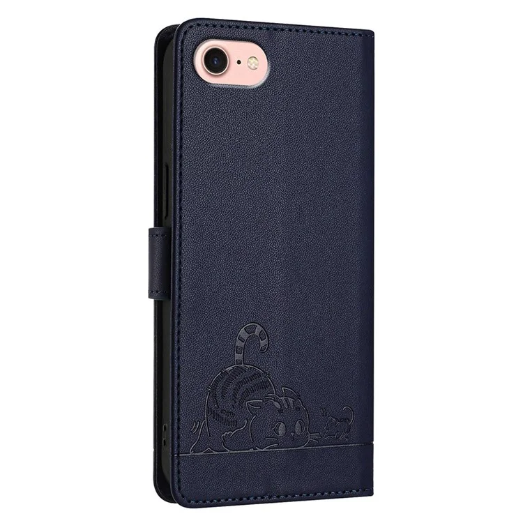 For iPhone SE (2020) / (2022) / 7 / 8 Case with Strap RFID Blocking Leather Wallet Phone Cover Cat Mouse Pattern - Sapphire