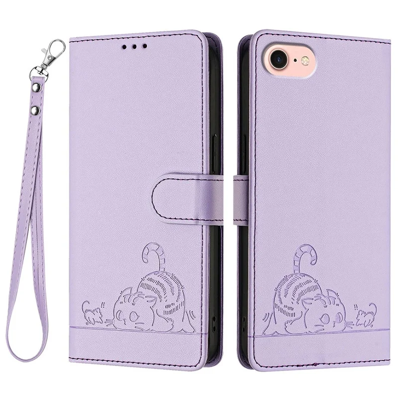 For iPhone SE (2020) / (2022) / 7 / 8 Case with Strap RFID Blocking Leather Wallet Phone Cover Cat Mouse Pattern - Purple