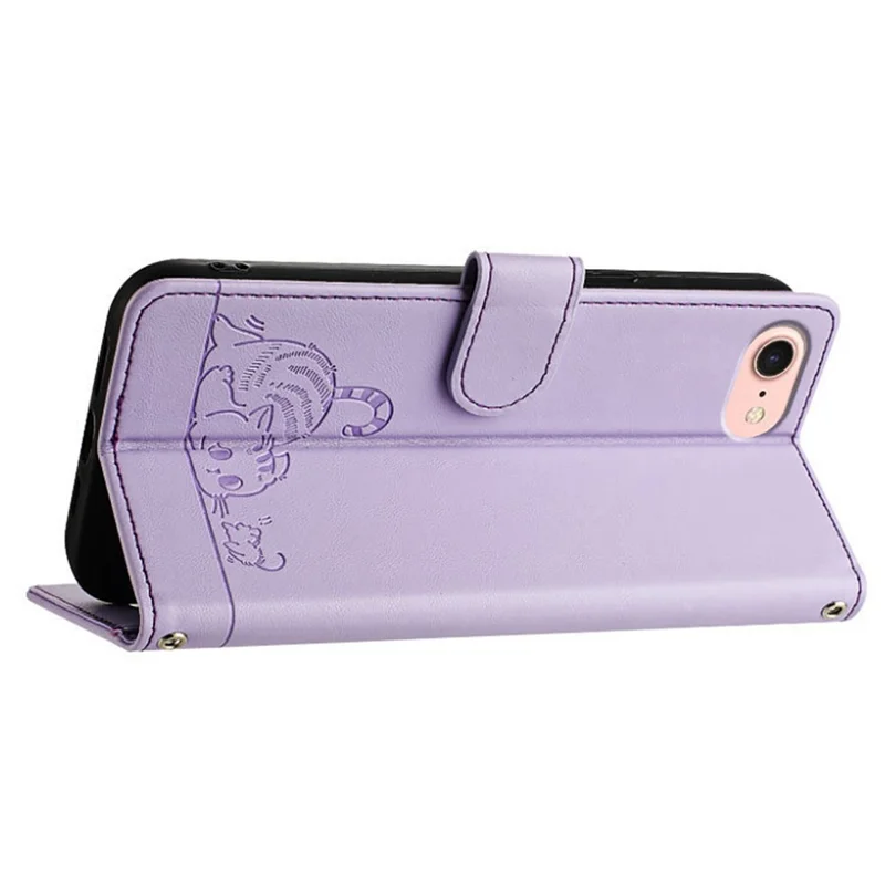 For iPhone SE (2020) / (2022) / 7 / 8 Case with Strap RFID Blocking Leather Wallet Phone Cover Cat Mouse Pattern - Purple