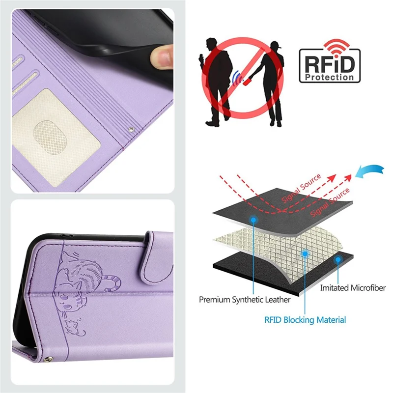 For iPhone SE (2020) / (2022) / 7 / 8 Case with Strap RFID Blocking Leather Wallet Phone Cover Cat Mouse Pattern - Purple