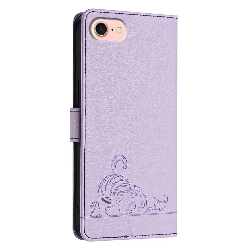 For iPhone SE (2020) / (2022) / 7 / 8 Case with Strap RFID Blocking Leather Wallet Phone Cover Cat Mouse Pattern - Purple