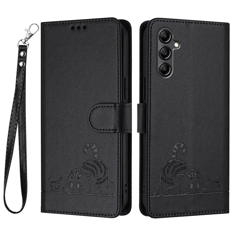 YB Imprinting Series-9 per Samsung Galaxy A15 4G / 5G Wallet Case Stand Function Cat Mouse Pattern Leather Phone Cover - Nero