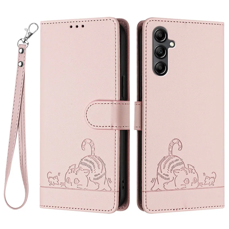 For Samsung Galaxy A15 4G / 5G Case with Strap RFID Blocking Leather Wallet Phone Cover Cat Mouse Pattern - Pink