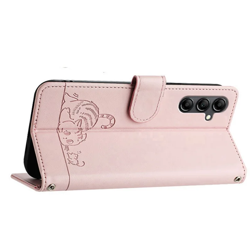 For Samsung Galaxy A15 4G / 5G Case with Strap RFID Blocking Leather Wallet Phone Cover Cat Mouse Pattern - Pink