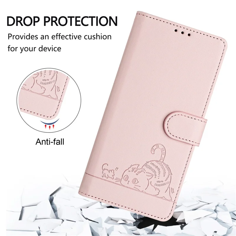 For Samsung Galaxy A15 4G / 5G Case with Strap RFID Blocking Leather Wallet Phone Cover Cat Mouse Pattern - Pink