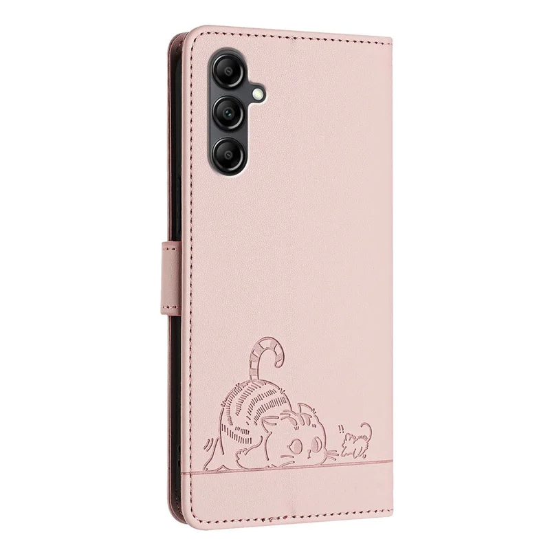 For Samsung Galaxy A15 4G / 5G Case with Strap RFID Blocking Leather Wallet Phone Cover Cat Mouse Pattern - Pink