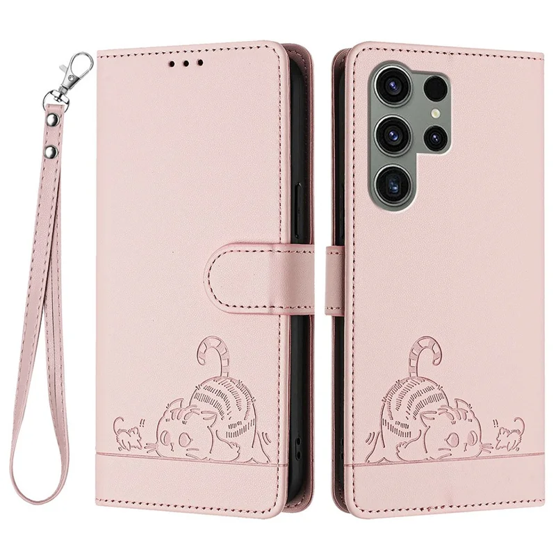 For Samsung Galaxy S23 Ultra Case with Strap RFID Blocking Leather Wallet Phone Cover Cat Mouse Pattern - Pink