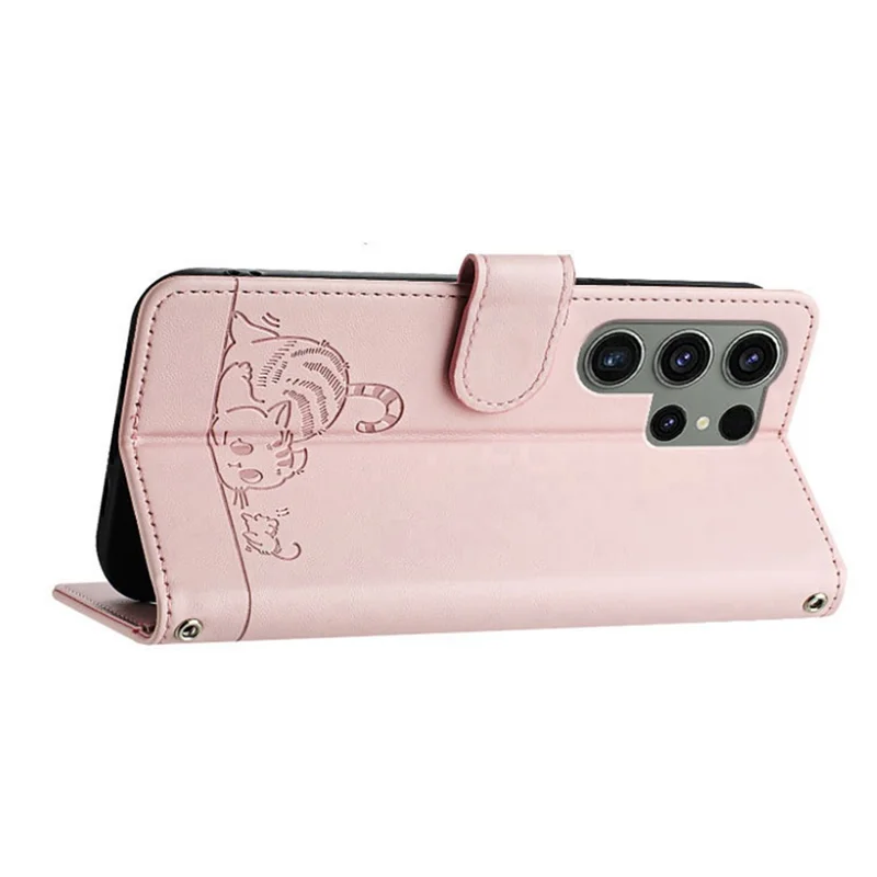 For Samsung Galaxy S23 Ultra Case with Strap RFID Blocking Leather Wallet Phone Cover Cat Mouse Pattern - Pink
