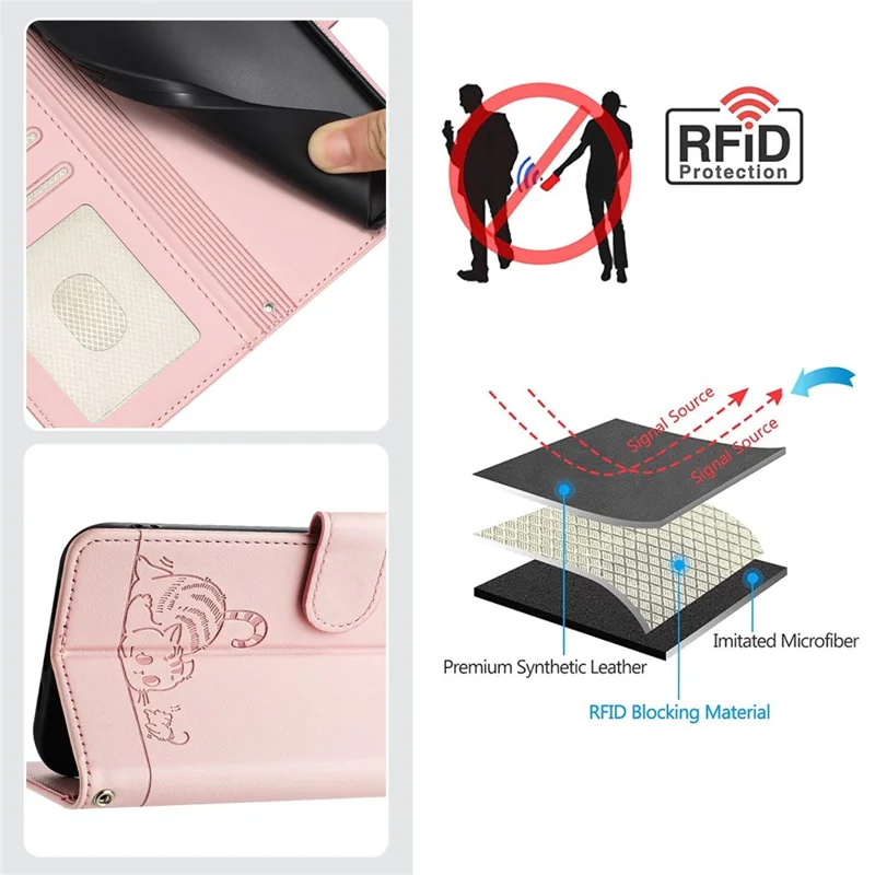 For Samsung Galaxy S23 Ultra Case with Strap RFID Blocking Leather Wallet Phone Cover Cat Mouse Pattern - Pink