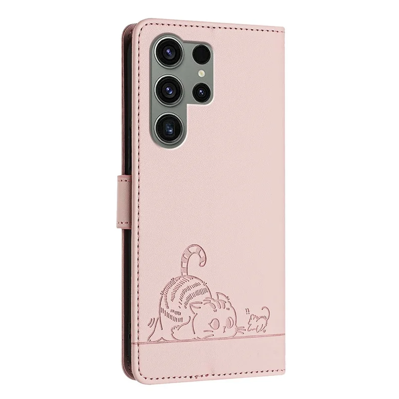 For Samsung Galaxy S23 Ultra Case with Strap RFID Blocking Leather Wallet Phone Cover Cat Mouse Pattern - Pink