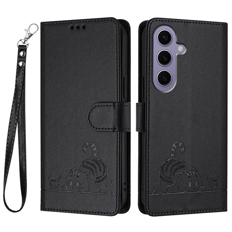 Serie di Imprinting YB-9 per Samsung Galaxy S24 Case Custodia Portafoglio in Pelle con Motivo a Gatto e Topo - Nero