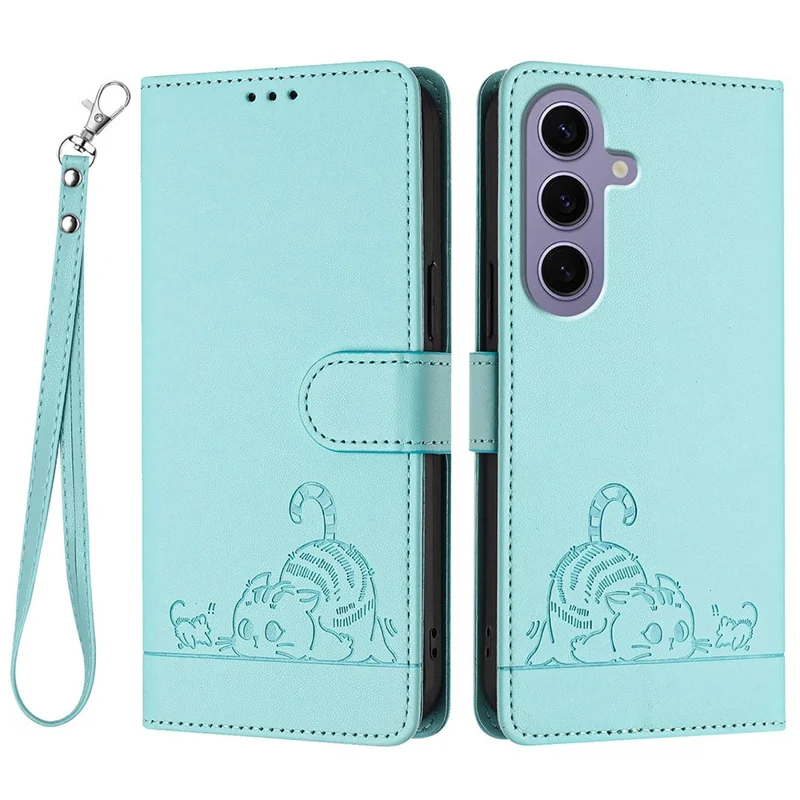 For Samsung Galaxy S24 Case with Strap RFID Blocking Leather Wallet Phone Cover Cat Mouse Pattern - Mint Green