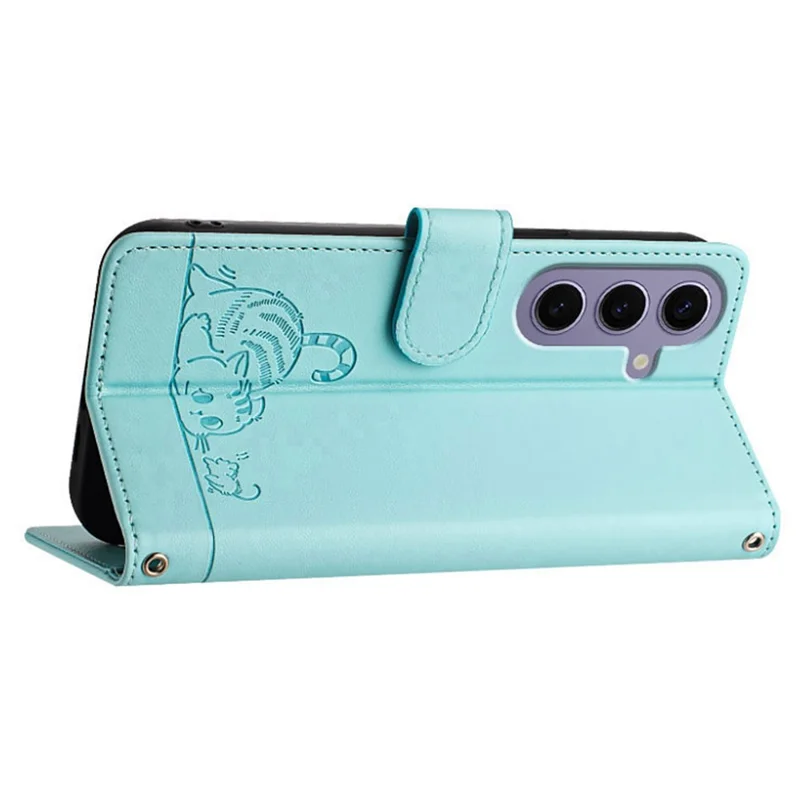 For Samsung Galaxy S24 Case with Strap RFID Blocking Leather Wallet Phone Cover Cat Mouse Pattern - Mint Green