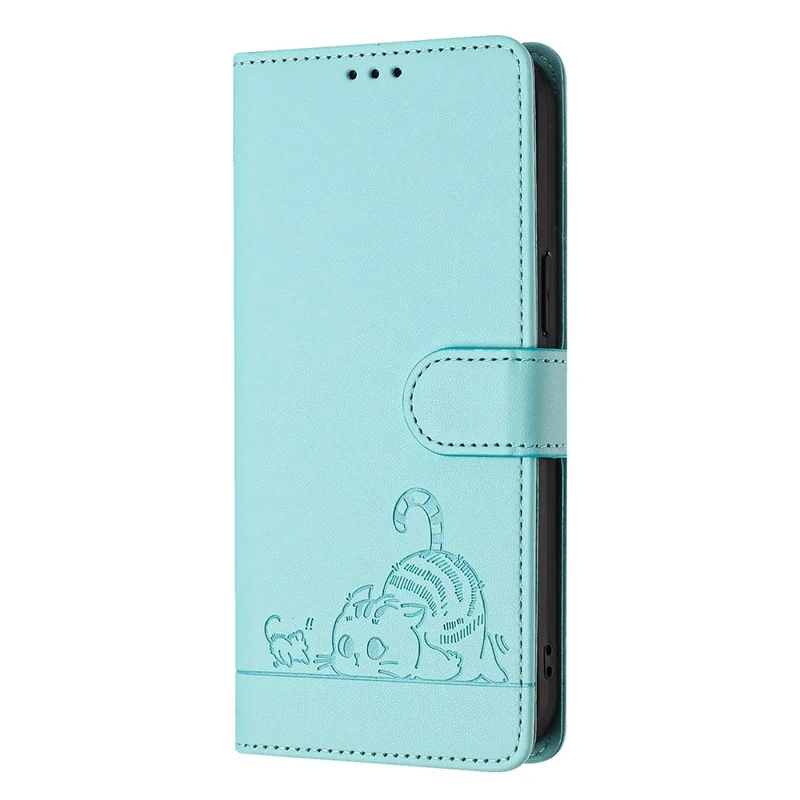 For Samsung Galaxy S24 Case with Strap RFID Blocking Leather Wallet Phone Cover Cat Mouse Pattern - Mint Green