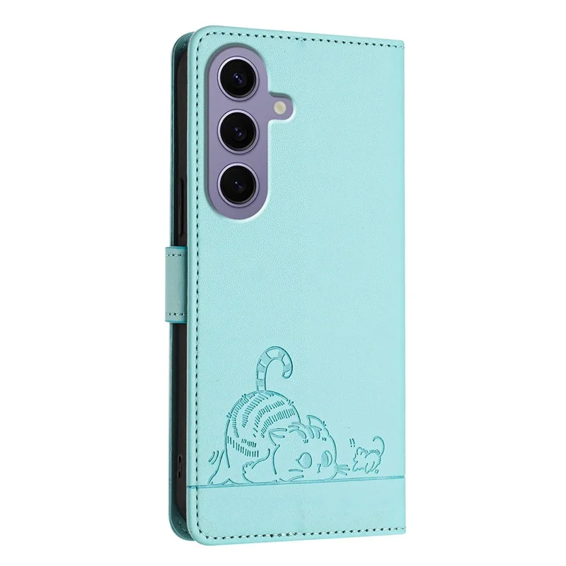 For Samsung Galaxy S24 Case with Strap RFID Blocking Leather Wallet Phone Cover Cat Mouse Pattern - Mint Green