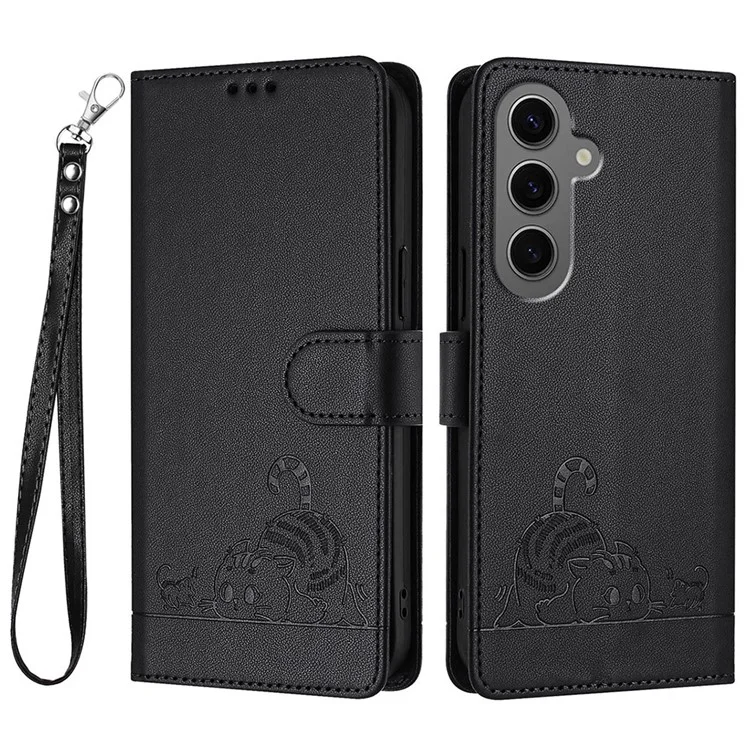 YB Imprinting Series-9 für Samsung Galaxy S24+ Brieftasche Hülle Katze Maus Prägung Leder Handytasche - Schwarz