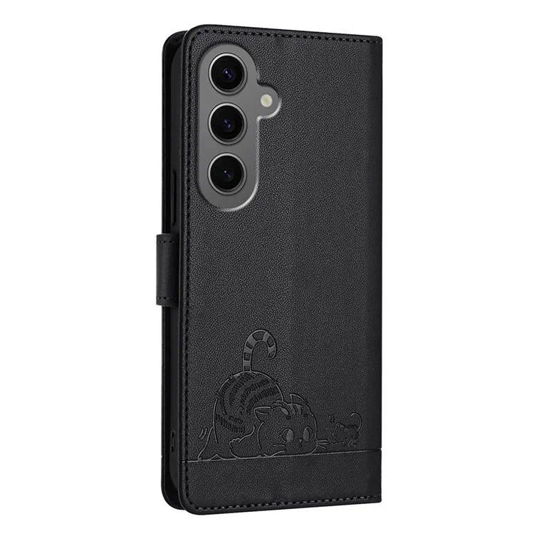 YB Imprinting Series-9 für Samsung Galaxy S24+ Brieftasche Hülle Katze Maus Prägung Leder Handytasche - Schwarz