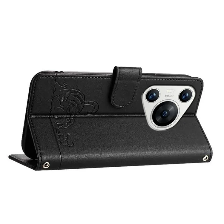 For Huawei Pura 70 Case with Strap RFID Blocking Leather Wallet Phone Cover Cat Mouse Pattern - Black
