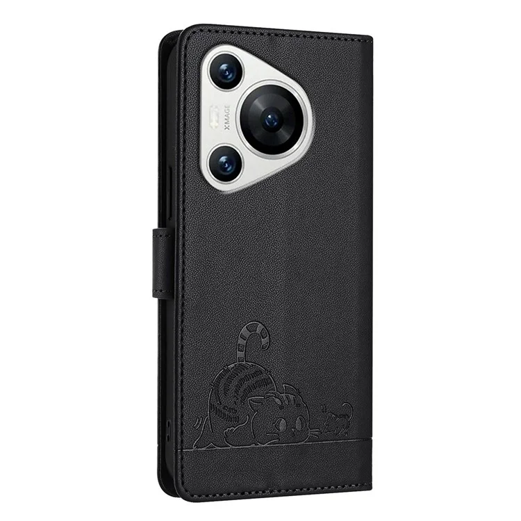 For Huawei Pura 70 Case with Strap RFID Blocking Leather Wallet Phone Cover Cat Mouse Pattern - Black
