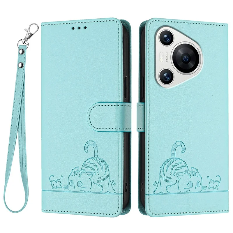 For Huawei Pura 70 Case with Strap RFID Blocking Leather Wallet Phone Cover Cat Mouse Pattern - Mint Green