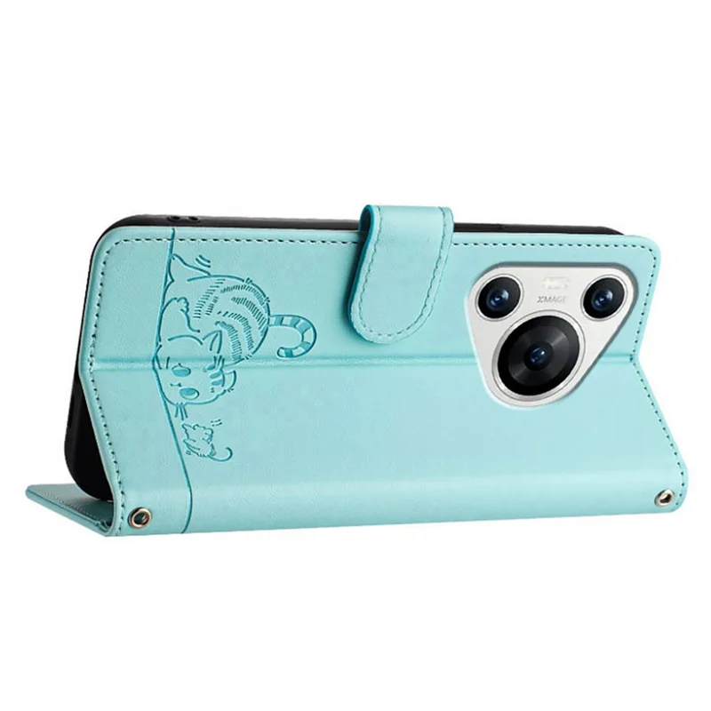 For Huawei Pura 70 Case with Strap RFID Blocking Leather Wallet Phone Cover Cat Mouse Pattern - Mint Green