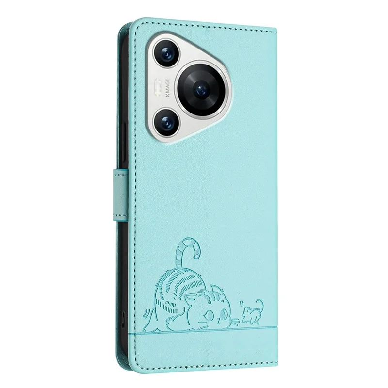 For Huawei Pura 70 Case with Strap RFID Blocking Leather Wallet Phone Cover Cat Mouse Pattern - Mint Green
