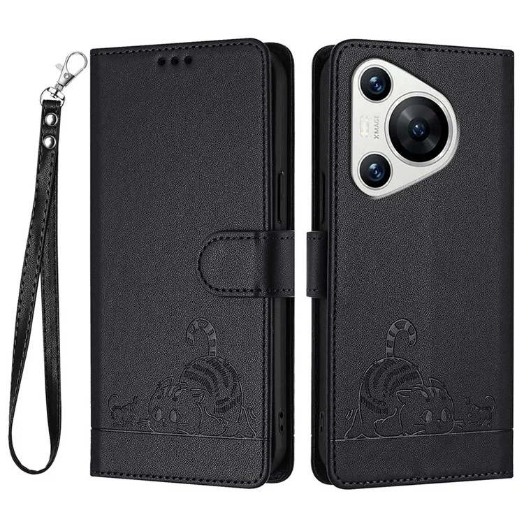 For Huawei Pura 70 Pro / Pura 70 Pro+ Case with Strap RFID Blocking Leather Wallet Phone Cover Cat Mouse Pattern - Black