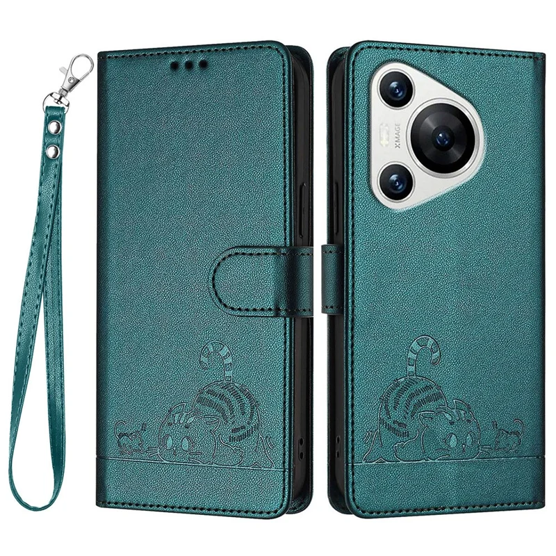 For Huawei Pura 70 Pro / Pura 70 Pro+ Case with Strap RFID Blocking Leather Wallet Phone Cover Cat Mouse Pattern - Dark Green