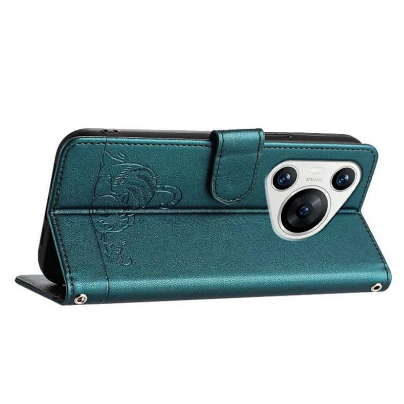 For Huawei Pura 70 Pro / Pura 70 Pro+ Case with Strap RFID Blocking Leather Wallet Phone Cover Cat Mouse Pattern - Dark Green