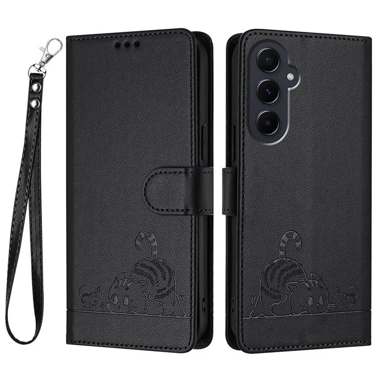 Serie di incisione YB-9 per custodia in pelle Samsung Galaxy A55 5G con motivo gatto e topo, protezione RFID - Nero