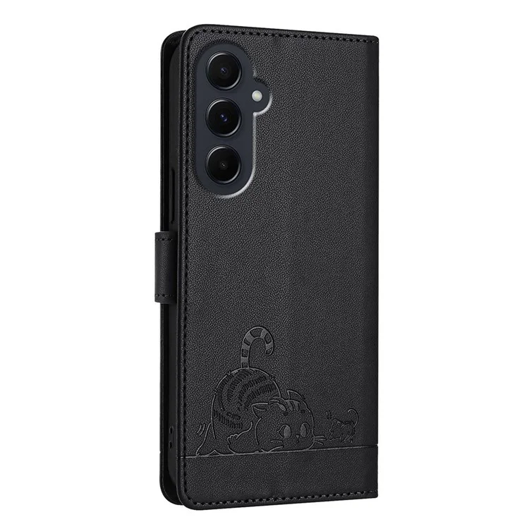 Serie di incisione YB-9 per custodia in pelle Samsung Galaxy A55 5G con motivo gatto e topo, protezione RFID - Nero