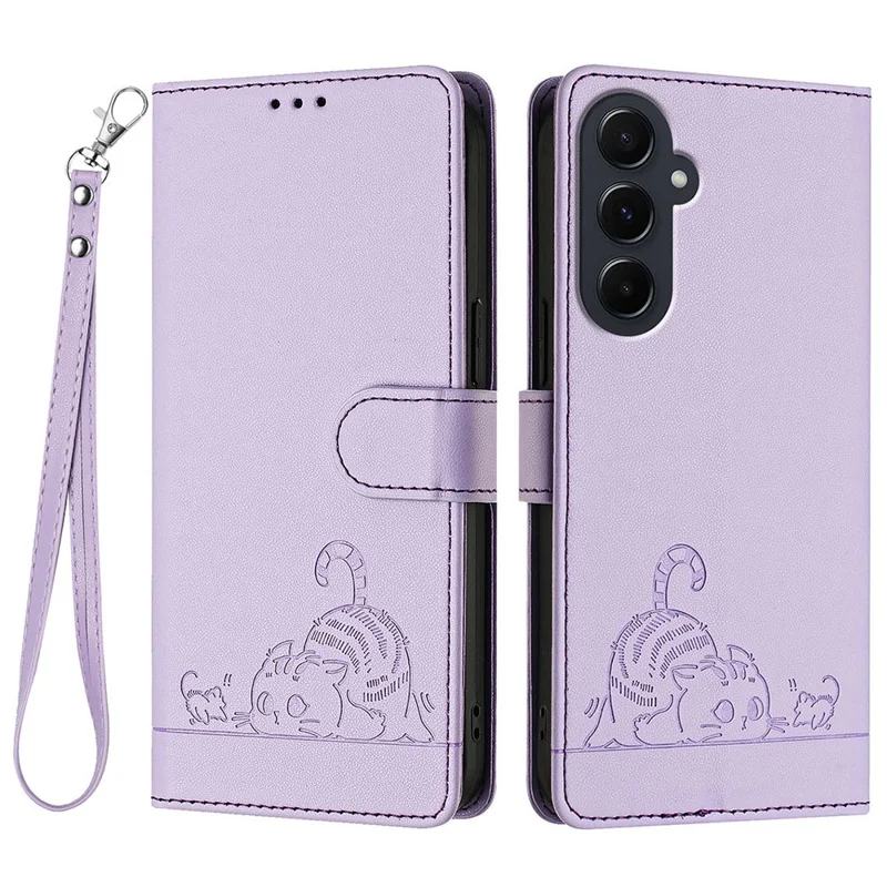 For Samsung Galaxy A55 5G Case with Strap RFID Blocking Leather Wallet Phone Cover Cat Mouse Pattern - Purple