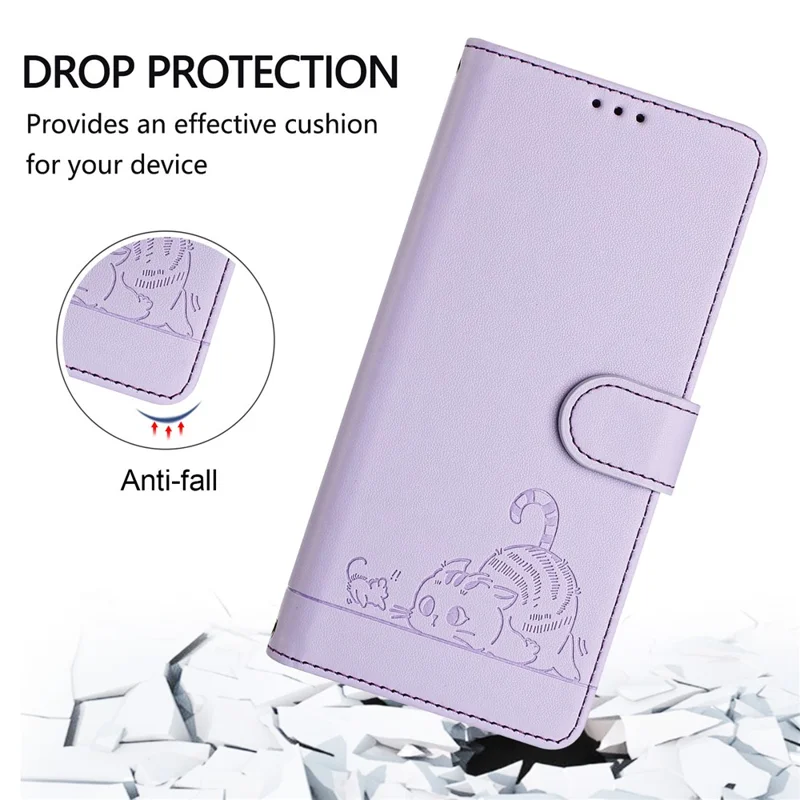 For Samsung Galaxy A55 5G Case with Strap RFID Blocking Leather Wallet Phone Cover Cat Mouse Pattern - Purple