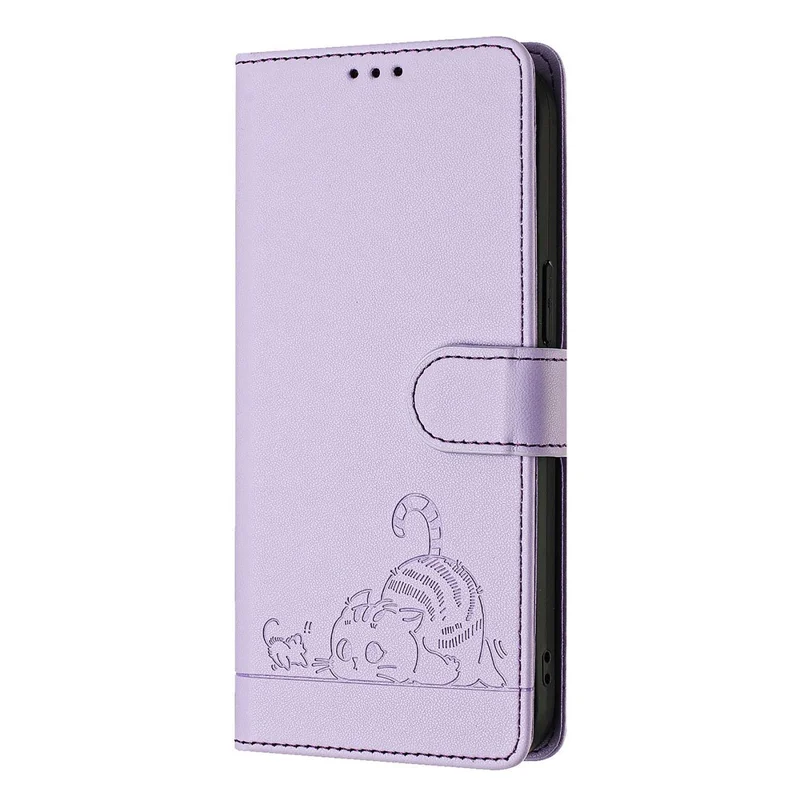 For Samsung Galaxy A55 5G Case with Strap RFID Blocking Leather Wallet Phone Cover Cat Mouse Pattern - Purple