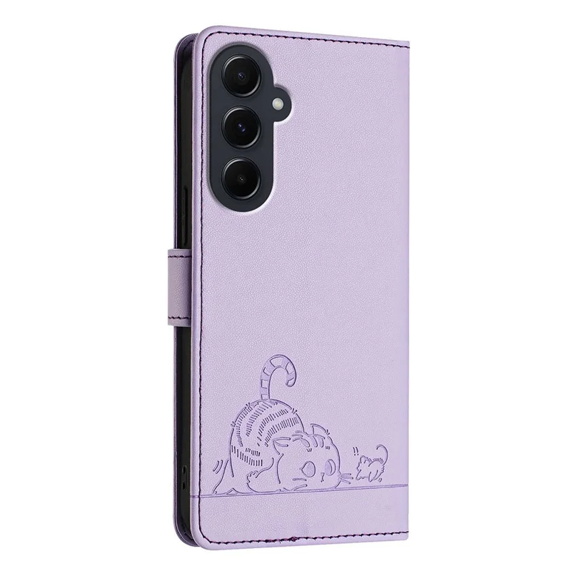 For Samsung Galaxy A55 5G Case with Strap RFID Blocking Leather Wallet Phone Cover Cat Mouse Pattern - Purple