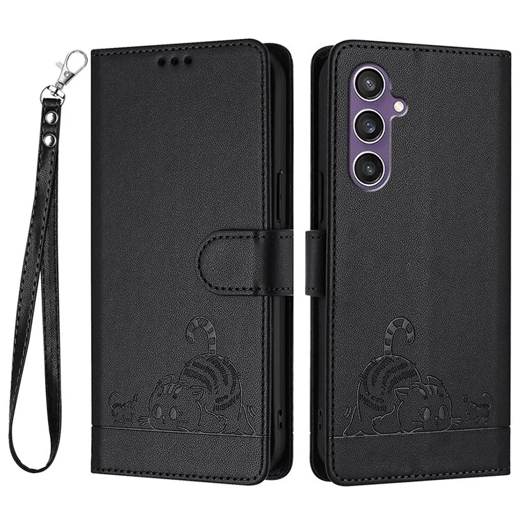 Serie de Impresión YB-9 para Funda Samsung Galaxy S23 FE RFID Blocking Cat Mouse Pattern Bolso de Mano Funda de Teléfono de Cuero - Negro