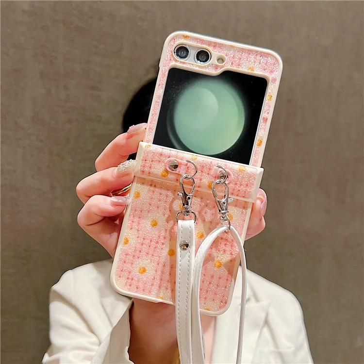 Pour Samsung Galaxy Z Flip5 5G Glittery Powder Phone Case PC Phone Shell with Long Strap - Rose