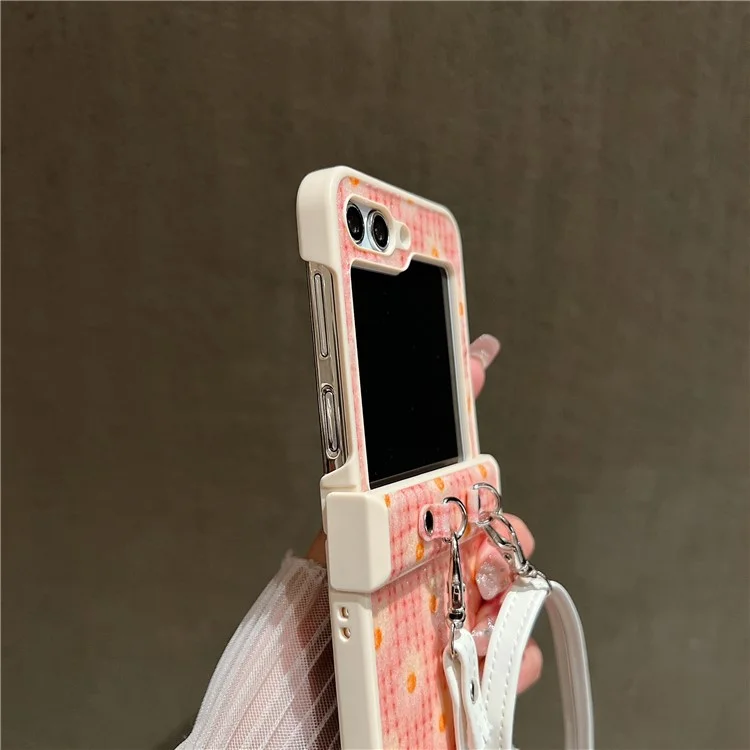 Pour Samsung Galaxy Z Flip5 5G Glittery Powder Phone Case PC Phone Shell with Long Strap - Rose