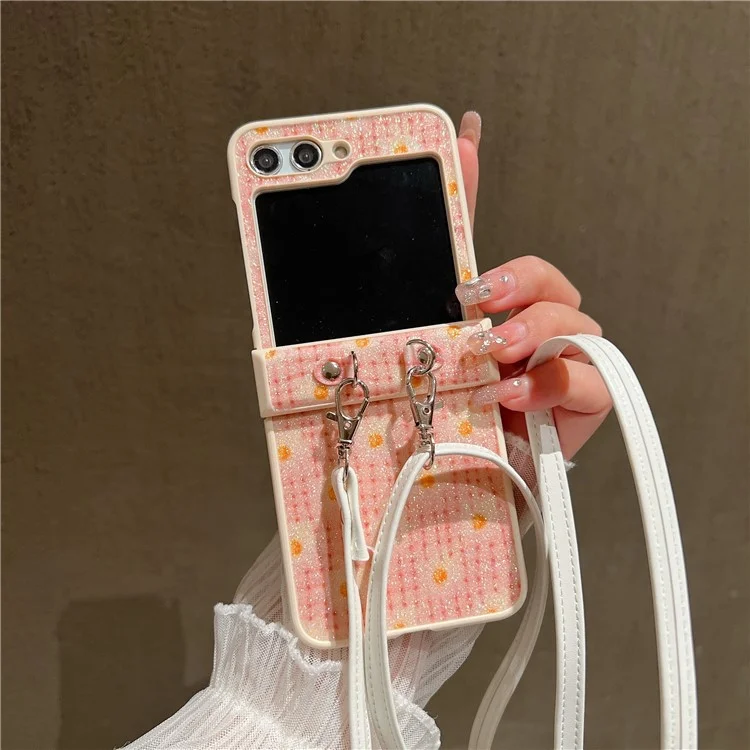 Pour Samsung Galaxy Z Flip5 5G Glittery Powder Phone Case PC Phone Shell with Long Strap - Rose