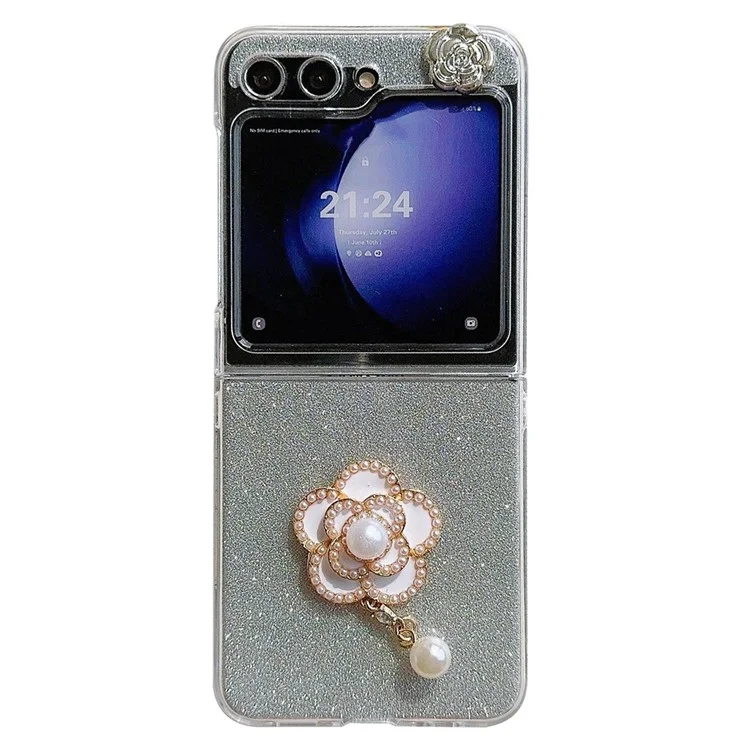 Para Samsung Galaxy Z Flip5 5G Case Pearl Pendant Camellia Decor PC Phone Cover with Glitter Paper - Branco