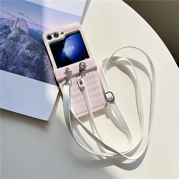 For Samsung Galaxy Z Flip5 5G Case Laser Rhombus Imprinted PU+PC Phone Cover with Crossbody Strap - Pink