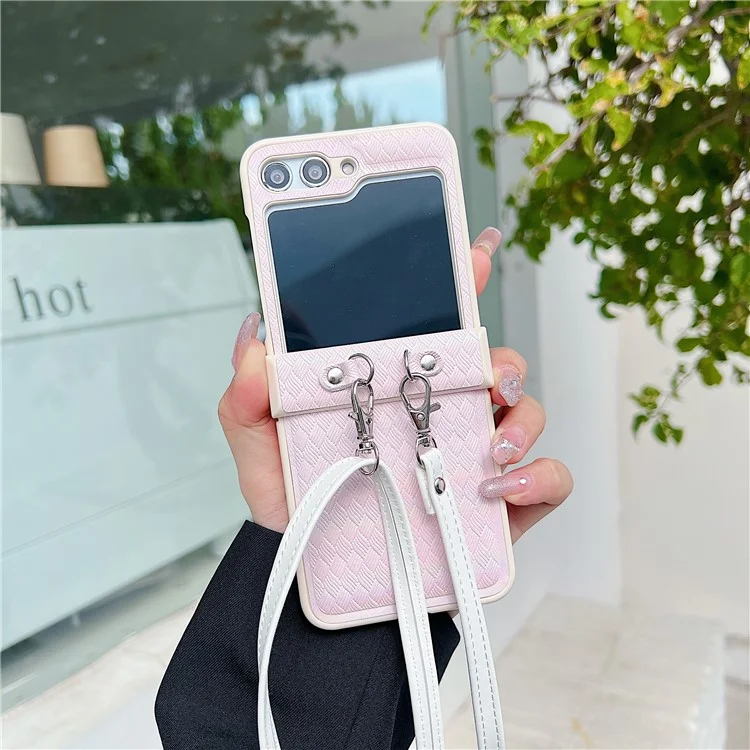 For Samsung Galaxy Z Flip5 5G Case Laser Rhombus Imprinted PU+PC Phone Cover with Crossbody Strap - Pink